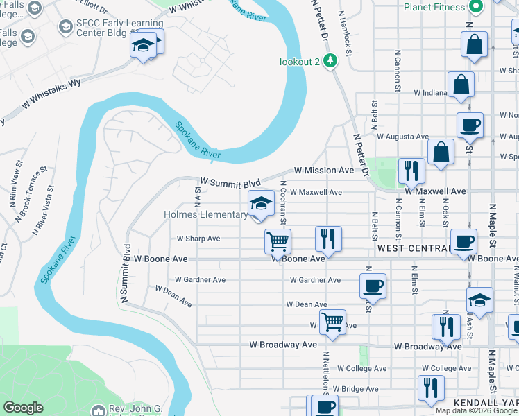 map of restaurants, bars, coffee shops, grocery stores, and more near 2604 West Sinto Avenue in Spokane
