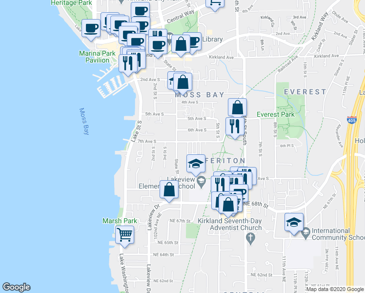 map of restaurants, bars, coffee shops, grocery stores, and more near 325 7th Avenue South in Kirkland