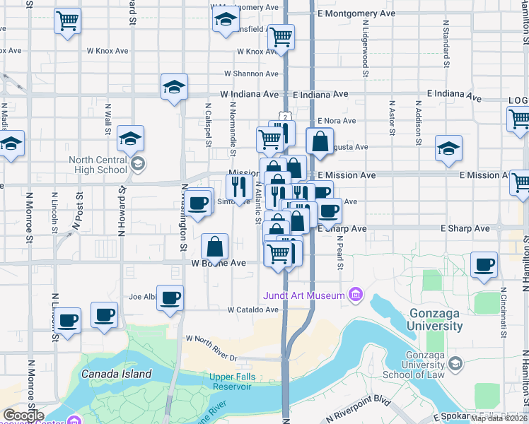 map of restaurants, bars, coffee shops, grocery stores, and more near 1320 North Atlantic Street in Spokane