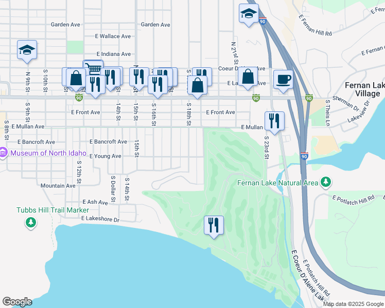 map of restaurants, bars, coffee shops, grocery stores, and more near 1803 East Young Avenue in Coeur d'Alene