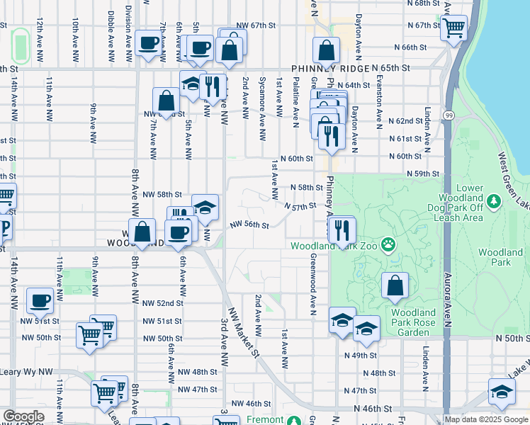 map of restaurants, bars, coffee shops, grocery stores, and more near 101 Northwest 58th Street in Seattle