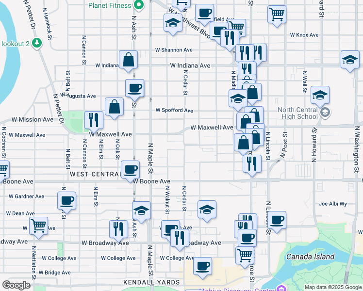 map of restaurants, bars, coffee shops, grocery stores, and more near 1411 North Cedar Street in Spokane