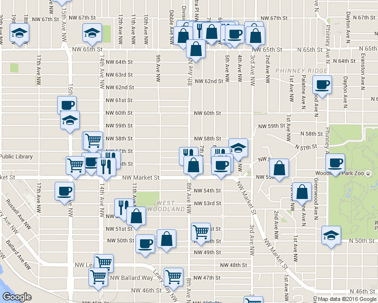 map of restaurants, bars, coffee shops, grocery stores, and more near 8th Avenue Northwest & Northwest 57th Street in Seattle