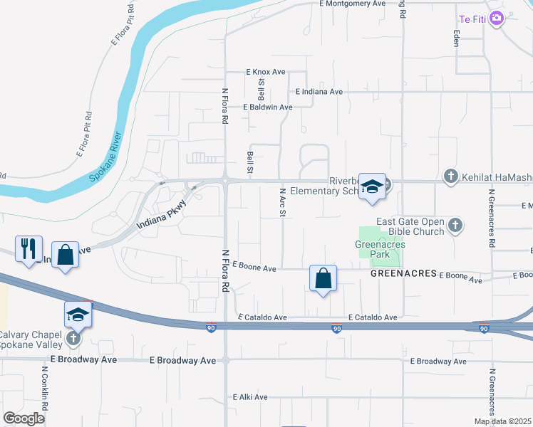 map of restaurants, bars, coffee shops, grocery stores, and more near 1418 North Bell Street in Spokane Valley