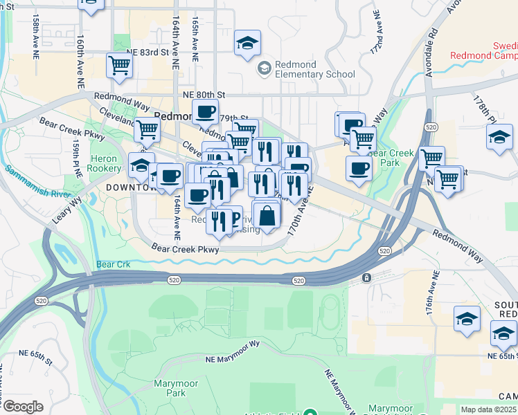 map of restaurants, bars, coffee shops, grocery stores, and more near 7405 168th Avenue Northeast in Redmond