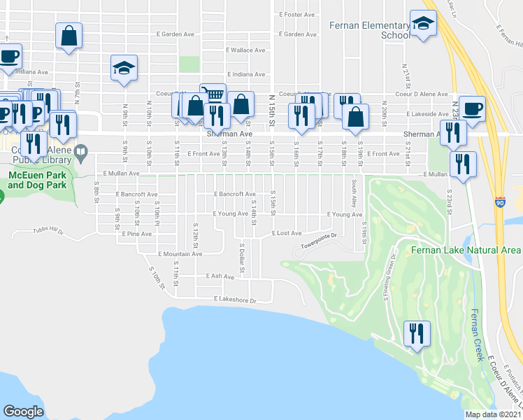 map of restaurants, bars, coffee shops, grocery stores, and more near 1415 East Young Avenue in Coeur d'Alene