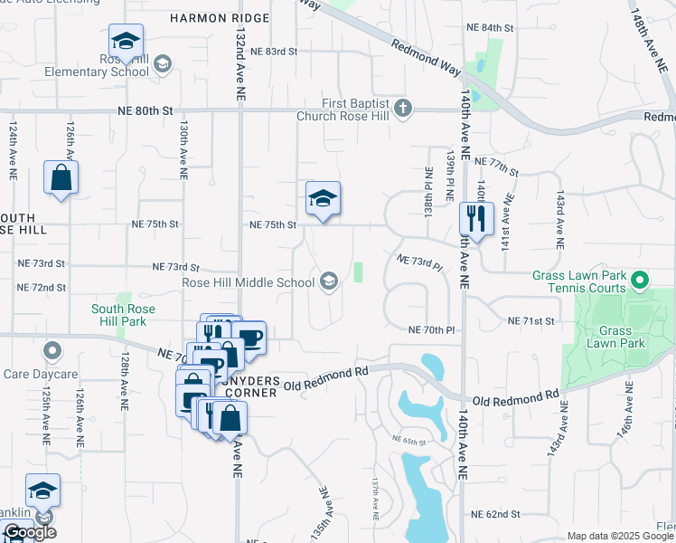 map of restaurants, bars, coffee shops, grocery stores, and more near 13505 Northeast 75th Street in Redmond
