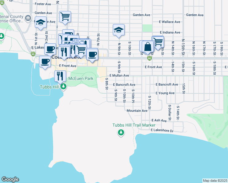map of restaurants, bars, coffee shops, grocery stores, and more near 823 East Young Avenue in Coeur d'Alene