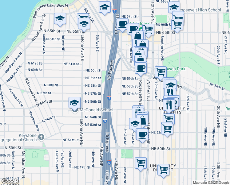 map of restaurants, bars, coffee shops, grocery stores, and more near 5701 8th Avenue Northeast in Seattle