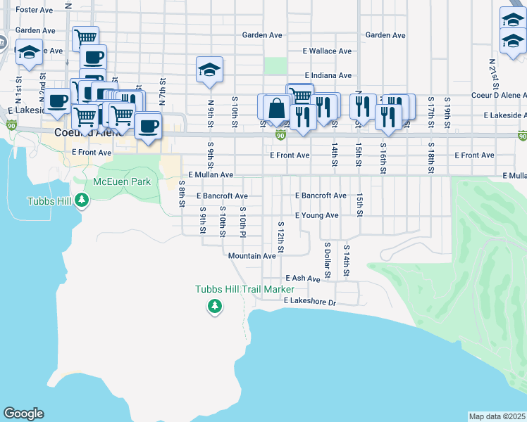 map of restaurants, bars, coffee shops, grocery stores, and more near 420 South 11th Street in Coeur d'Alene