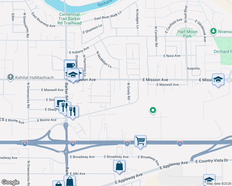 map of restaurants, bars, coffee shops, grocery stores, and more near 19201 East Boone Avenue in Spokane Valley