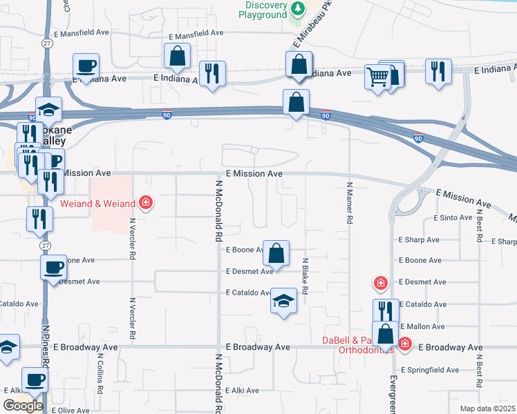 map of restaurants, bars, coffee shops, grocery stores, and more near 13320 East Mission Avenue in Spokane Valley