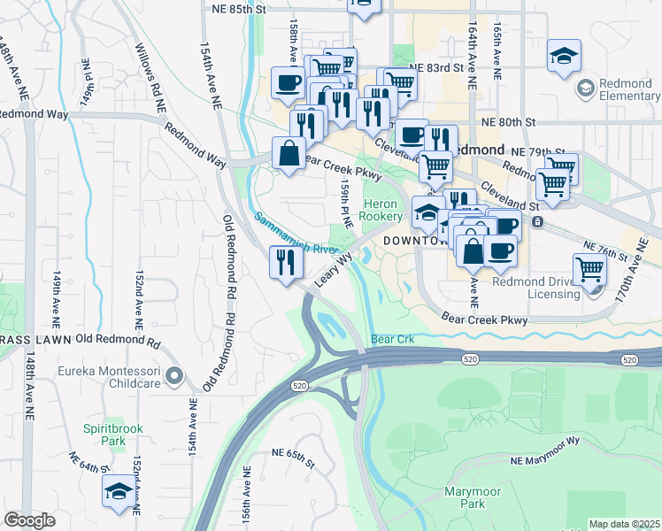 map of restaurants, bars, coffee shops, grocery stores, and more near 15825 Northeast Leary Way in Redmond