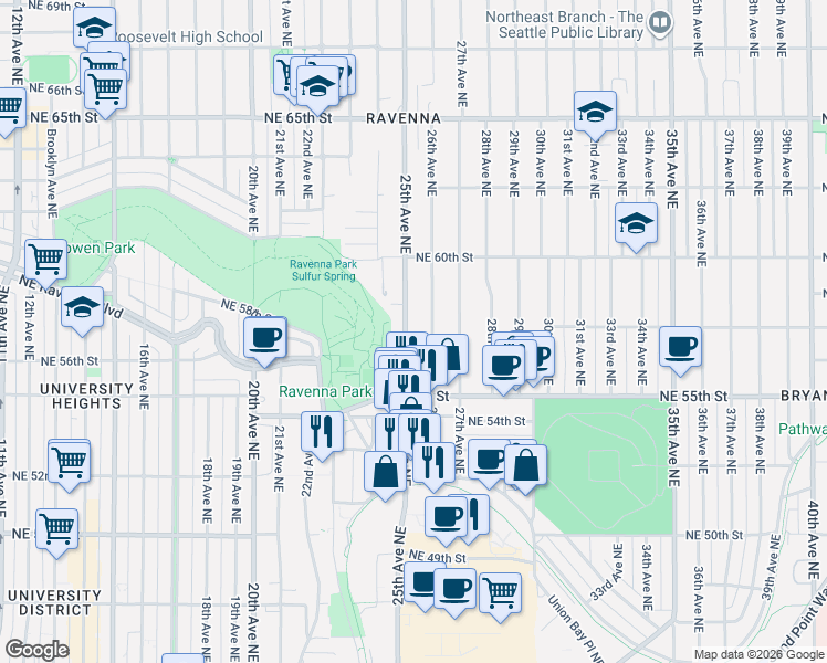 map of restaurants, bars, coffee shops, grocery stores, and more near 5547 25th Avenue Northeast in Seattle