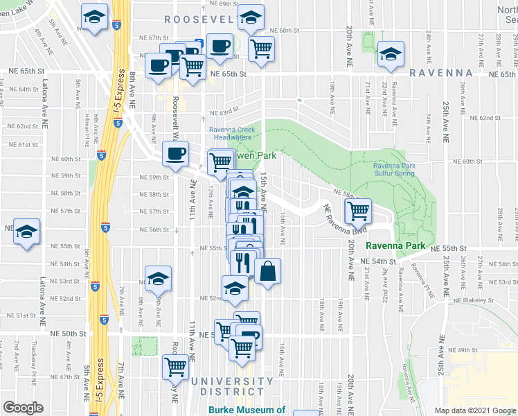 map of restaurants, bars, coffee shops, grocery stores, and more near 5616 15th Avenue Northeast in Seattle