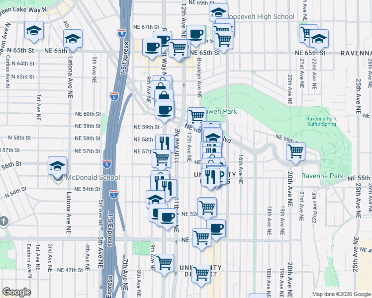 map of restaurants, bars, coffee shops, grocery stores, and more near 5614 11th Avenue Northeast in Seattle