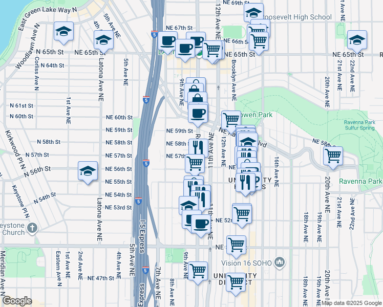 map of restaurants, bars, coffee shops, grocery stores, and more near 5618 Roosevelt Way Northeast in Seattle