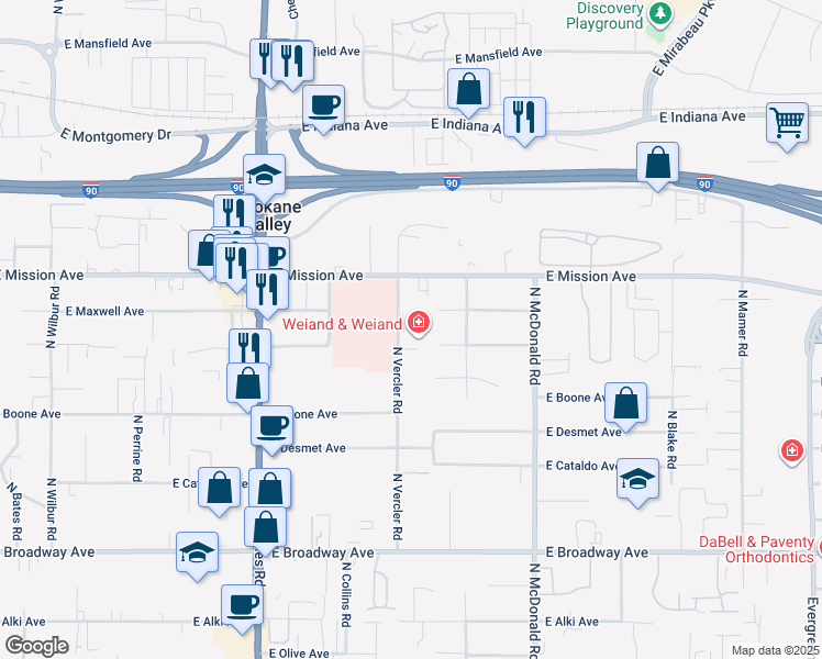 map of restaurants, bars, coffee shops, grocery stores, and more near 1414 North Vercler Road in Spokane Valley
