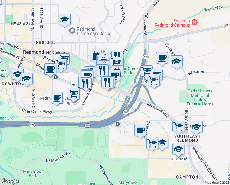 map of restaurants, bars, coffee shops, grocery stores, and more near 17209 Redmond Way in Redmond