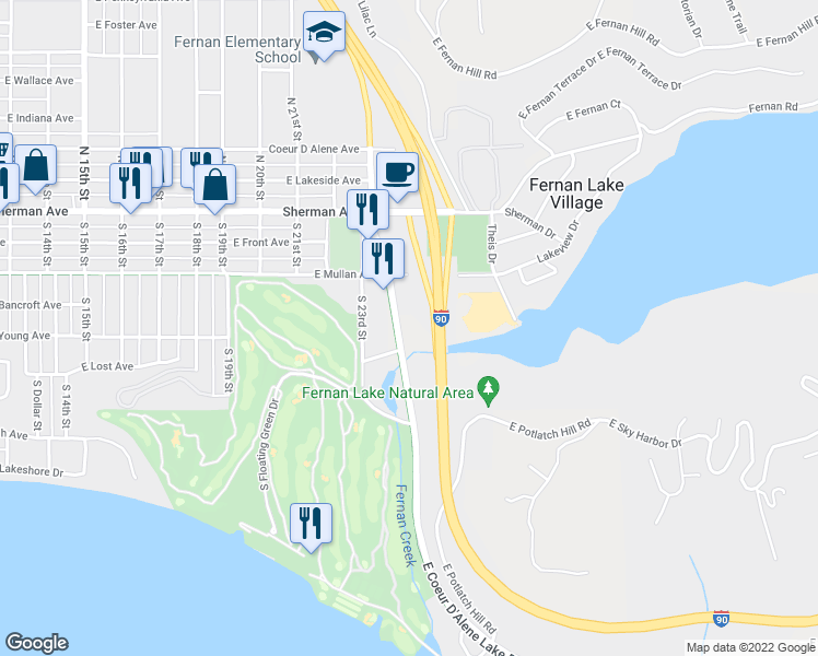 map of restaurants, bars, coffee shops, grocery stores, and more near 320 East Coeur D'Alene Lake Drive in Coeur d'Alene
