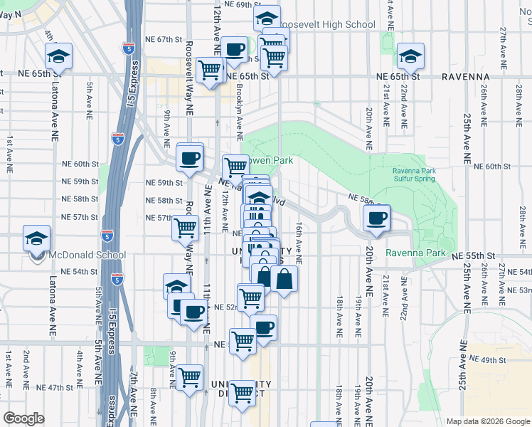 map of restaurants, bars, coffee shops, grocery stores, and more near 5619 University Way Northeast in Seattle