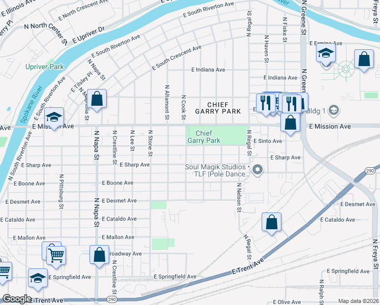 map of restaurants, bars, coffee shops, grocery stores, and more near 1308 North Cook Street in Spokane