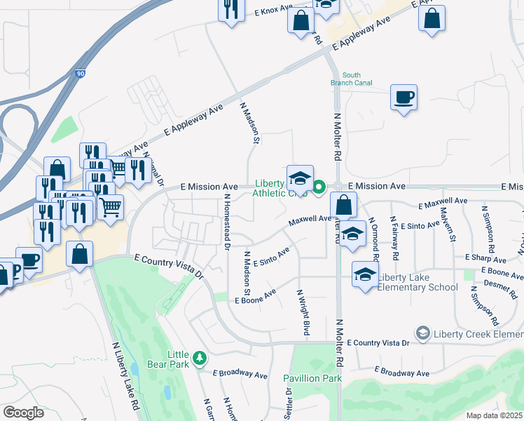 map of restaurants, bars, coffee shops, grocery stores, and more near 23030 East Remington Lane in Liberty Lake