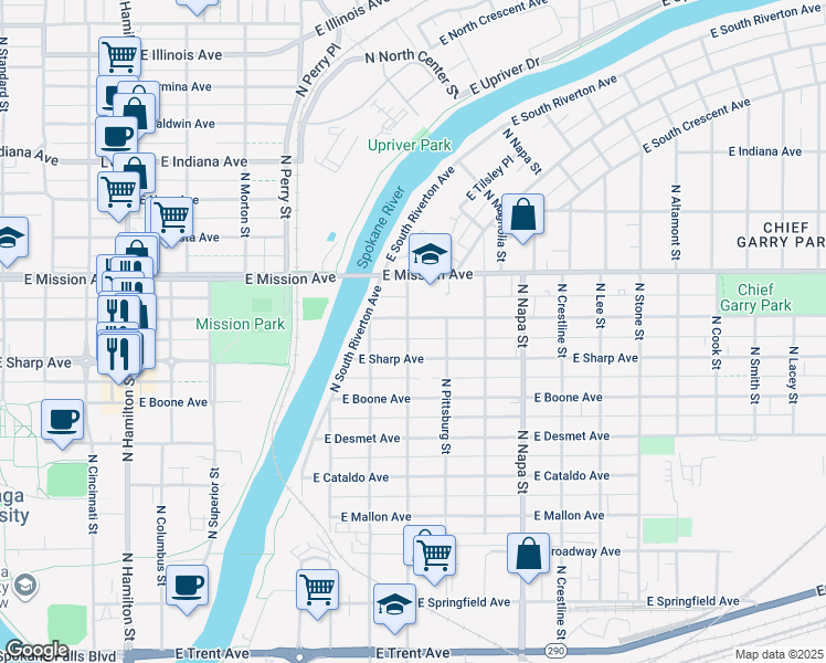 map of restaurants, bars, coffee shops, grocery stores, and more near 1314 North Madelia Street in Spokane