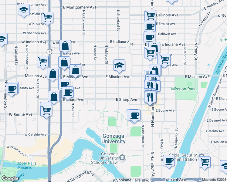 map of restaurants, bars, coffee shops, grocery stores, and more near 521 East Sharp Avenue in Spokane