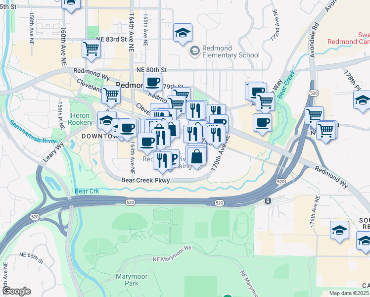 map of restaurants, bars, coffee shops, grocery stores, and more near 7405 168th Avenue Northeast in Redmond