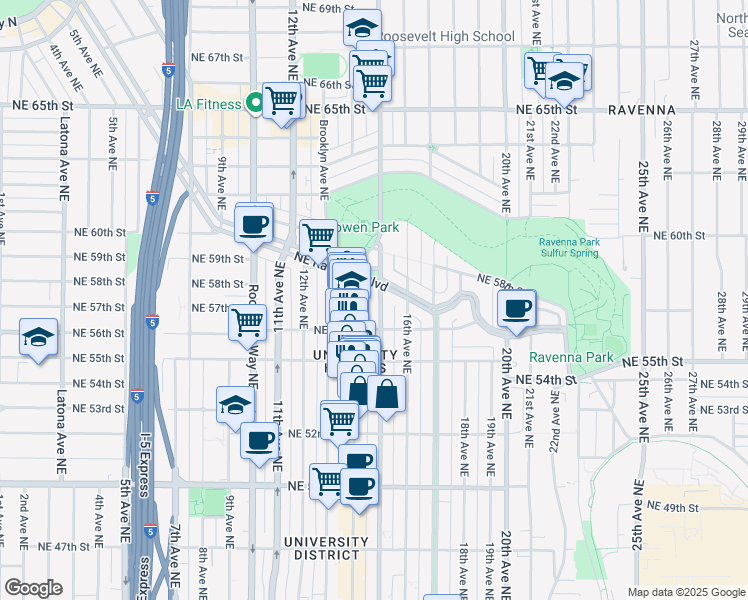 map of restaurants, bars, coffee shops, grocery stores, and more near 5616 15th Avenue Northeast in Seattle