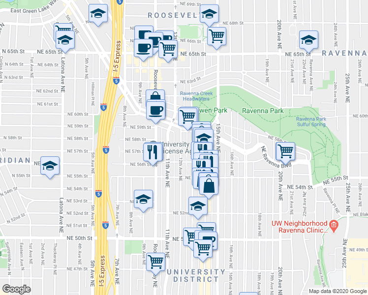 map of restaurants, bars, coffee shops, grocery stores, and more near 5619 Brooklyn Avenue Northeast in Seattle