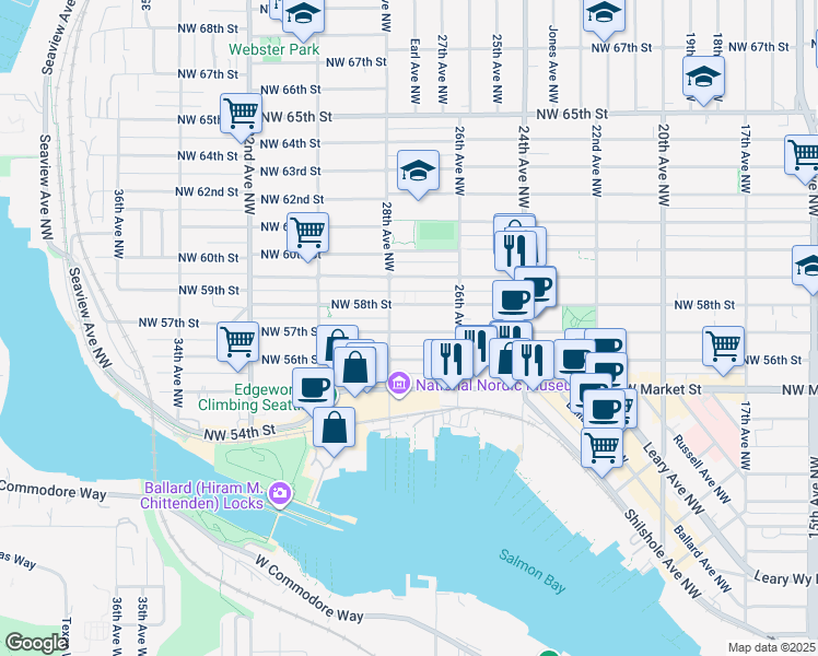 map of restaurants, bars, coffee shops, grocery stores, and more near 5616 28th Avenue Northwest in Seattle