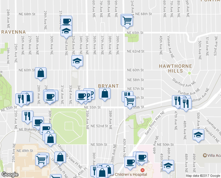 map of restaurants, bars, coffee shops, grocery stores, and more near 38th Ave NE & NE 57th St in Seattle
