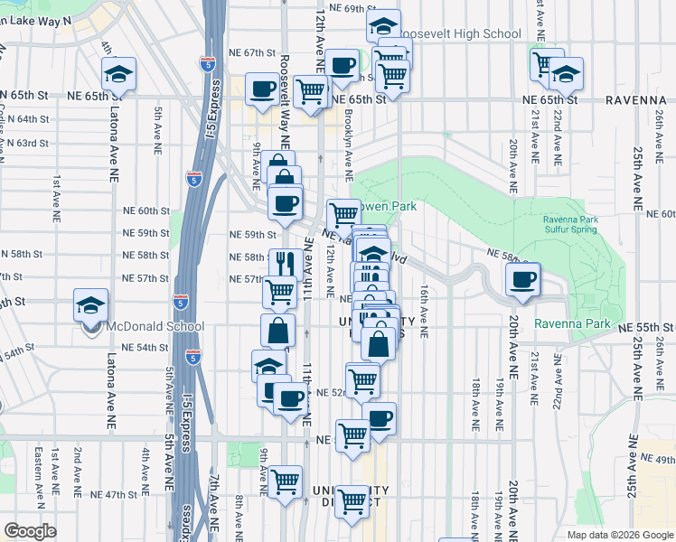 map of restaurants, bars, coffee shops, grocery stores, and more near 5619 Brooklyn Avenue Northeast in Seattle