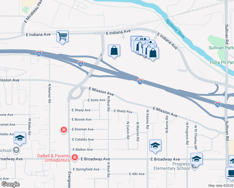 map of restaurants, bars, coffee shops, grocery stores, and more near 14315 East Mission Avenue in Spokane Valley