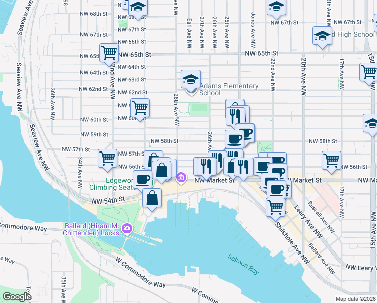 map of restaurants, bars, coffee shops, grocery stores, and more near 2642 Northwest 57th Street in Seattle