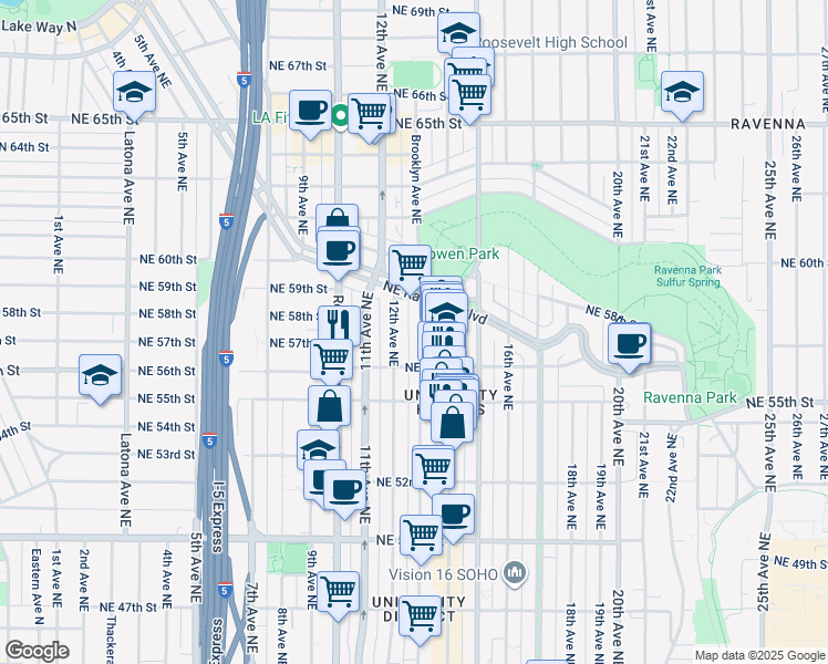 map of restaurants, bars, coffee shops, grocery stores, and more near 5619 Brooklyn Avenue Northeast in Seattle