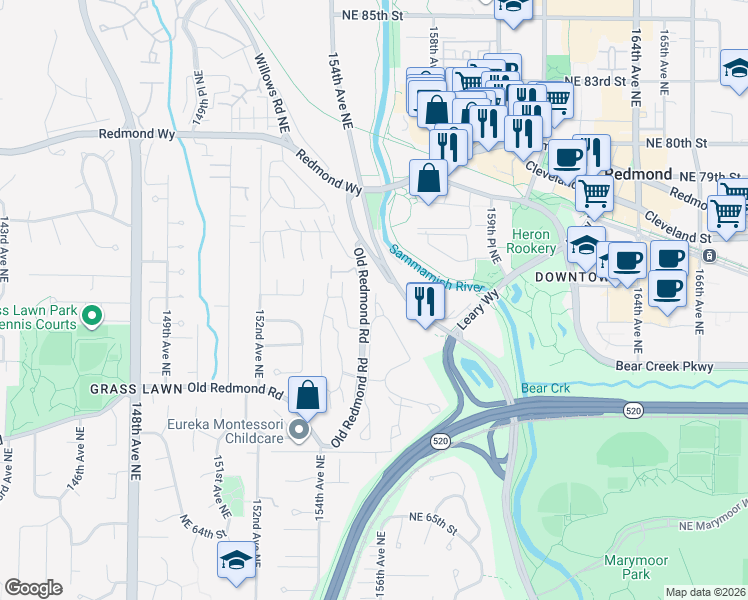 map of restaurants, bars, coffee shops, grocery stores, and more near 7451 Old Redmond Road in Redmond