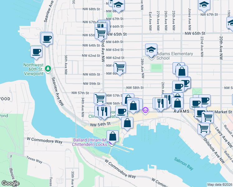 map of restaurants, bars, coffee shops, grocery stores, and more near 3016 Northwest 57th Street in Seattle