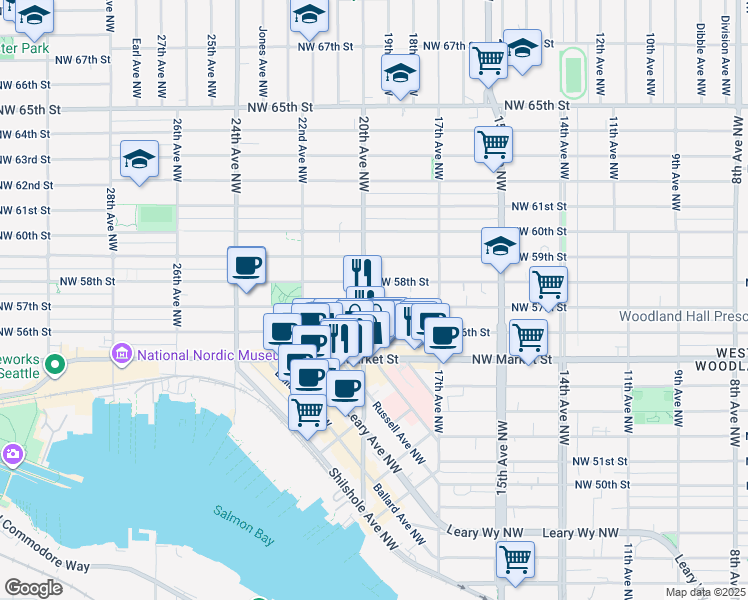 map of restaurants, bars, coffee shops, grocery stores, and more near 1762 Northwest 57th Street in Seattle