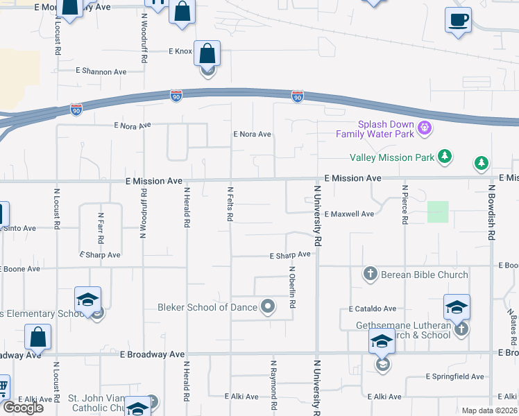 map of restaurants, bars, coffee shops, grocery stores, and more near 10323 East Victory Lane in Spokane Valley