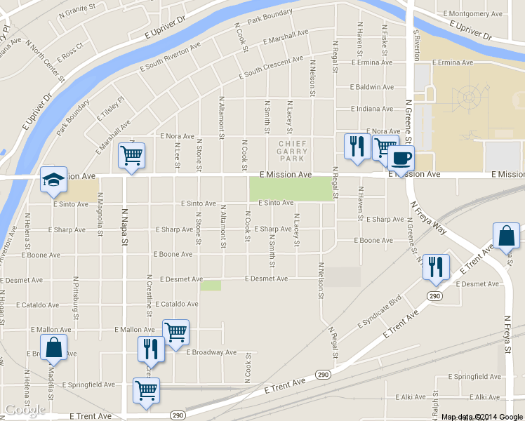map of restaurants, bars, coffee shops, grocery stores, and more near 1308 North Cook Street in Spokane