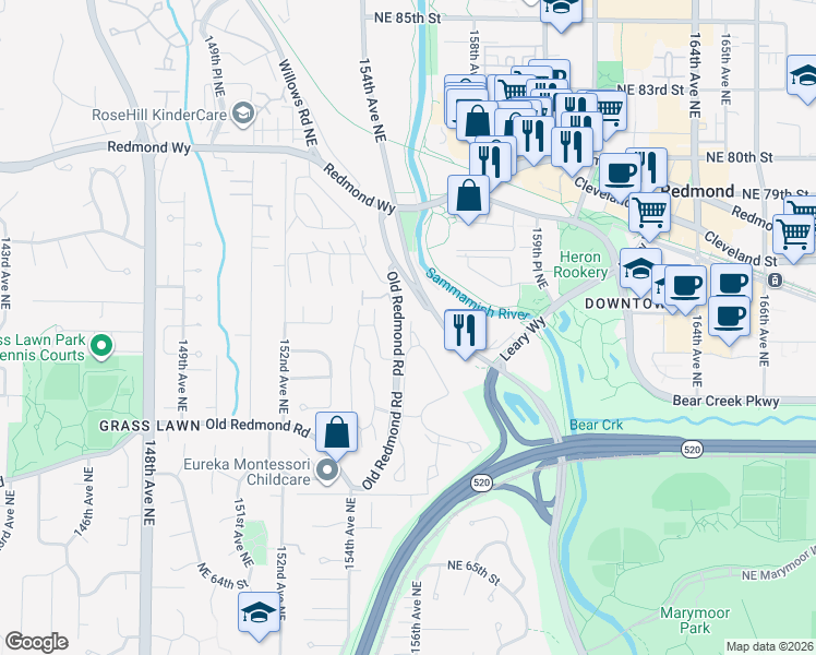 map of restaurants, bars, coffee shops, grocery stores, and more near 7451 Old Redmond Road in Redmond