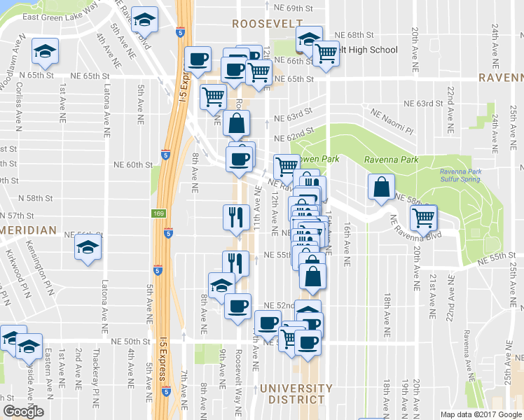 map of restaurants, bars, coffee shops, grocery stores, and more near 5614 11th Avenue Northeast in Seattle