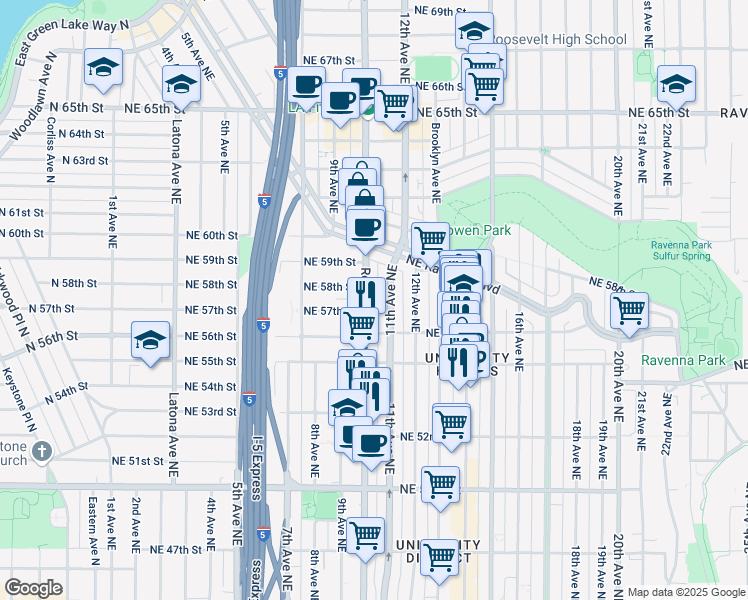 map of restaurants, bars, coffee shops, grocery stores, and more near 5618 Roosevelt Way Northeast in Seattle