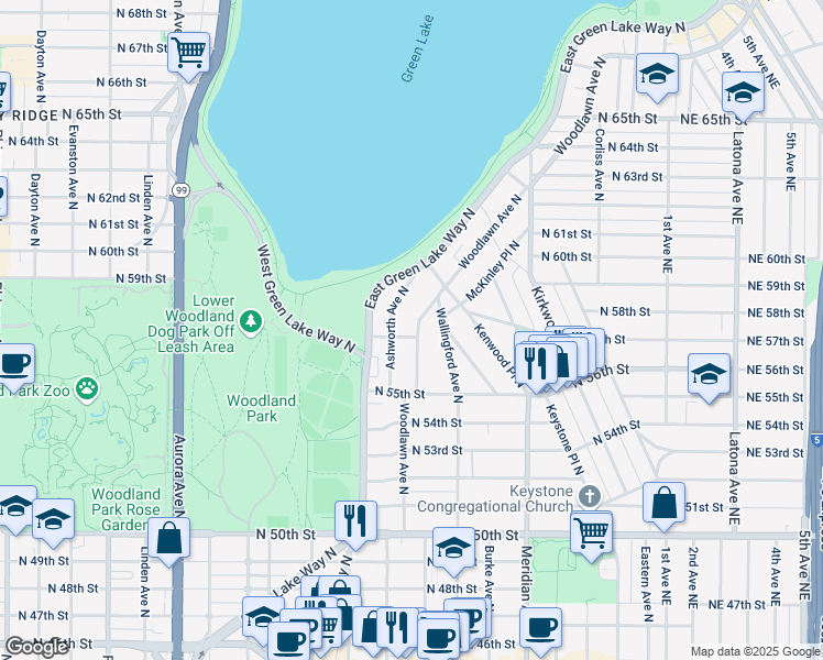 map of restaurants, bars, coffee shops, grocery stores, and more near 5544 Ashworth Avenue North in Seattle