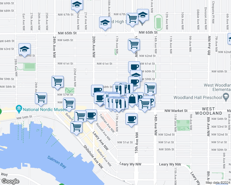 map of restaurants, bars, coffee shops, grocery stores, and more near 5617 17th Avenue Northwest in Seattle