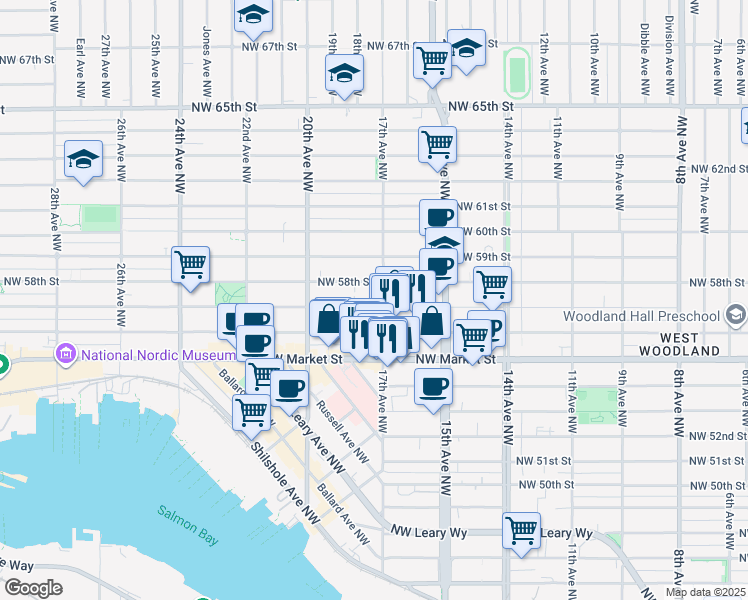 map of restaurants, bars, coffee shops, grocery stores, and more near 5617 17th Avenue Northwest in Seattle