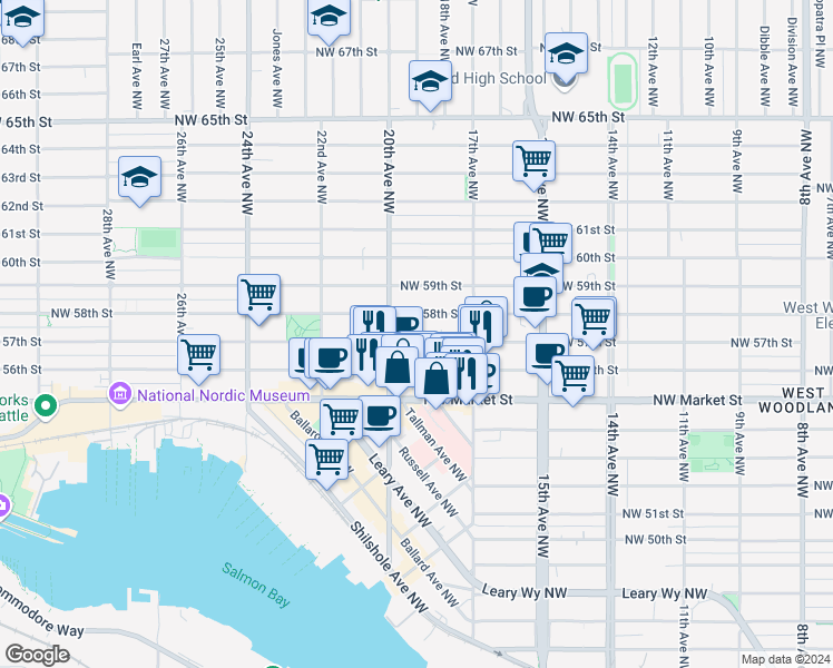 map of restaurants, bars, coffee shops, grocery stores, and more near 1743 Northwest 57th Street in Seattle